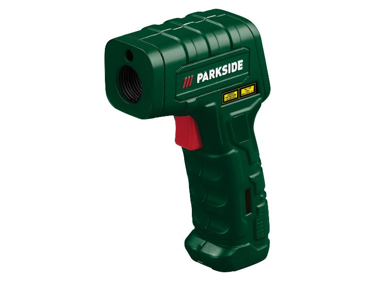 Thermomètre infrarouge Parkside vert avec gâchette rouge et étiquettes d'avertissement laser.