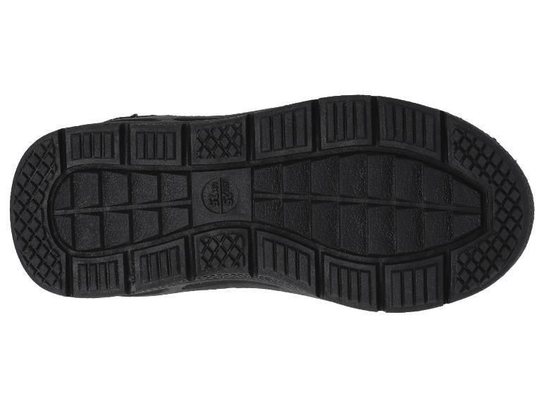Semelle noire d'une chaussure avec motif de bande de roulement et détails de taille.