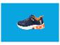 Chaussure enfant bleu marine avec détails orange, fermeture velcro et lion dessiné.