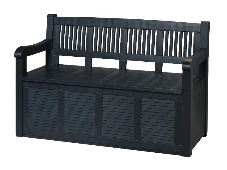 Un banc de rangement de jardin noir avec un aspect bois.