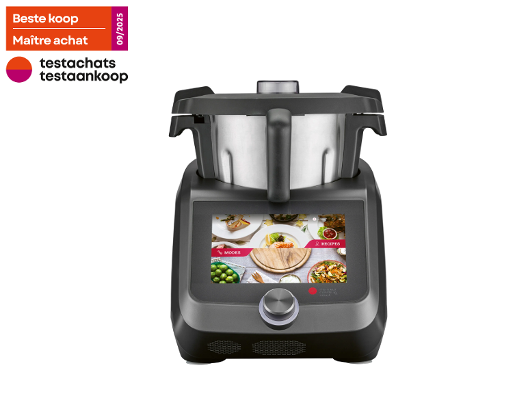 Robot de cuisine noir avec écran tactile affichant recettes et modes, avec le label « Meilleur achat ».