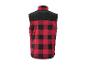 Gilet à carreaux rouge et noir avec col montant et empiècement noir aux épaules.