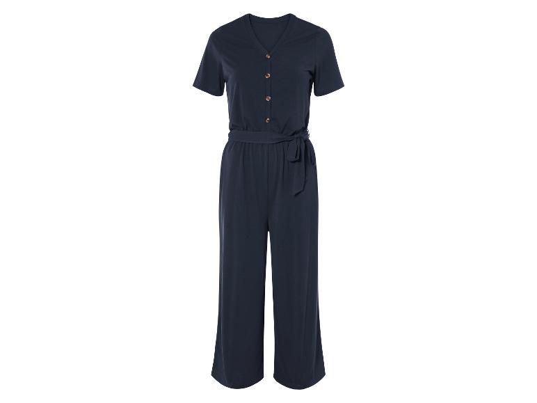Donkerblauwe jumpsuit met knopen, casual stijl.