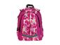 Roze rugzak met bloemenpatroon en zwarte details.