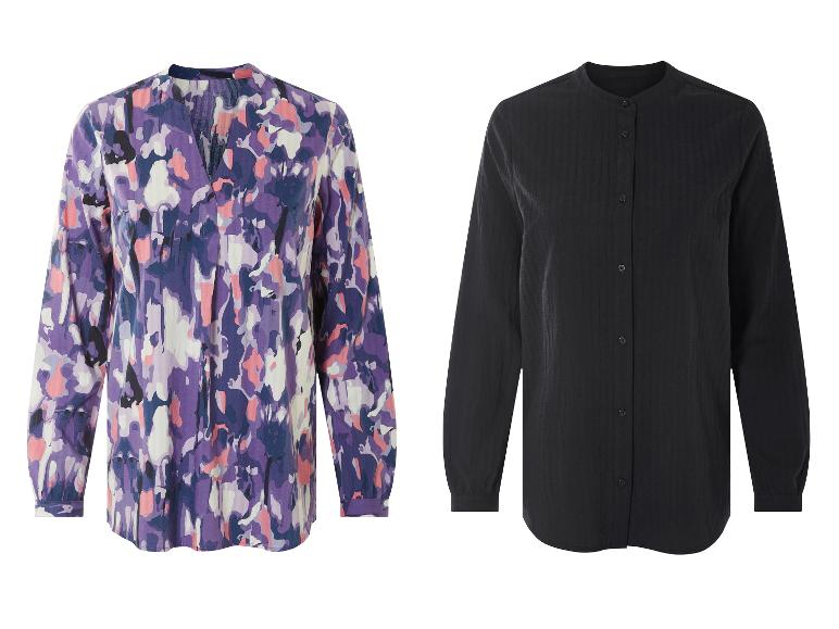 Deux chemises: une à imprimé floral violet et une noire à boutons.