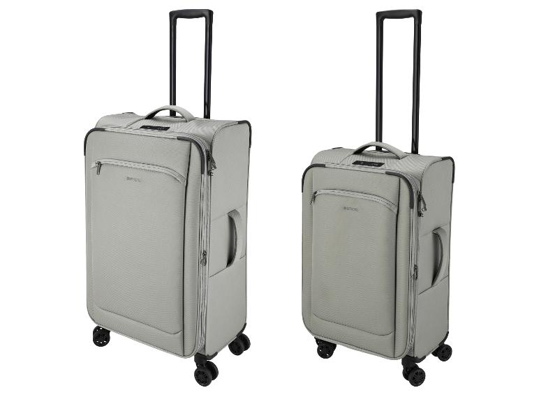 Deux valises souples grises de tailles différentes avec poignées télescopiques et roulettes.