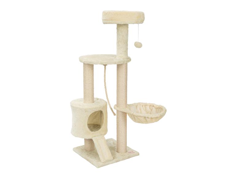 Arbre à chat beige avec lit, niche, poteaux à griffer et jouet suspendu.