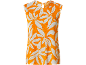 Haut sans manches orange avec un motif floral blanc, texture plissée.