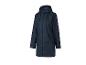 Donkerblauwe regenjas met capuchon en ritssluiting.