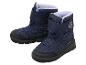Une paire de bottes d'hiver bleues pour enfants avec fermeture velcro et semelle noire.