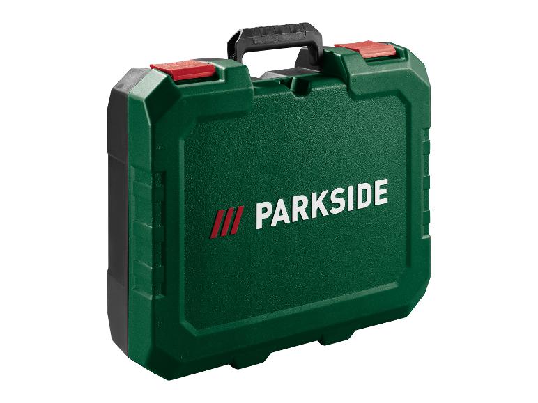 Groene PARKSIDE gereedschapskoffer met zwart handvat en rode sluitingen.