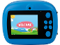 Blauwe digitale kindercamera met welkomstscherm en bedieningsknoppen.