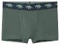 Groene jongensboxershorts met een donkerblauwe tailleband met lichtgroene dinosauruspatronen