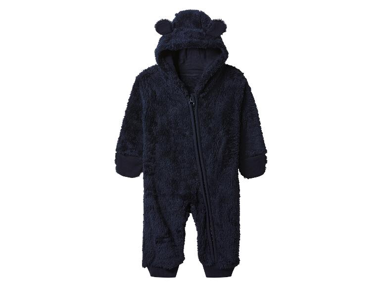 Marineblauwe pluche baby romper met capuchon en berenoren.