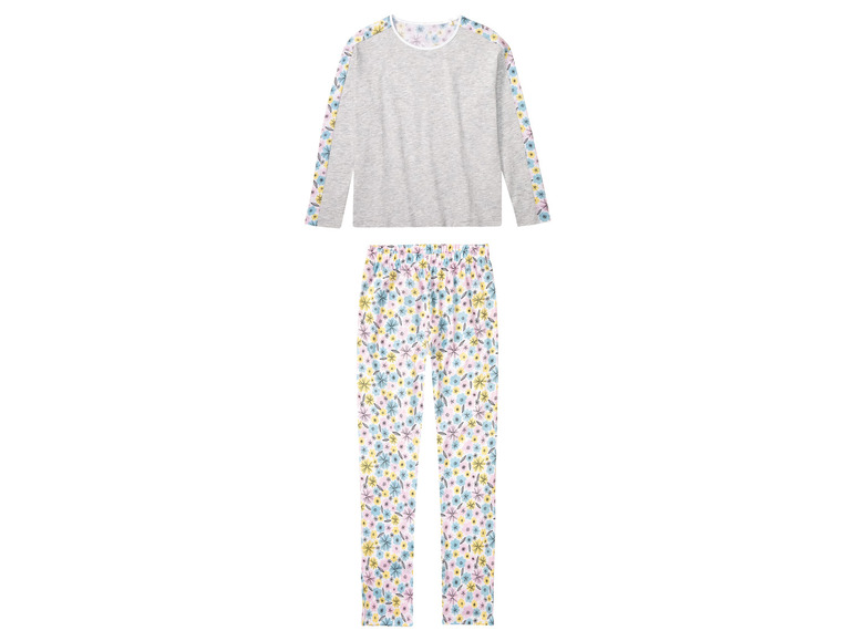Un pyjama gris à manches longues et un pantalon à fleurs.