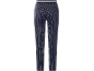 Gestreept damesbroek, marineblauw met witte strepen en elastische tailleband.