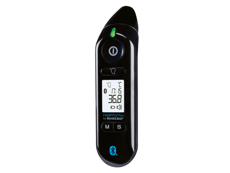 Een zwarte digitale oorthermometer van SilverCrest met Bluetooth.