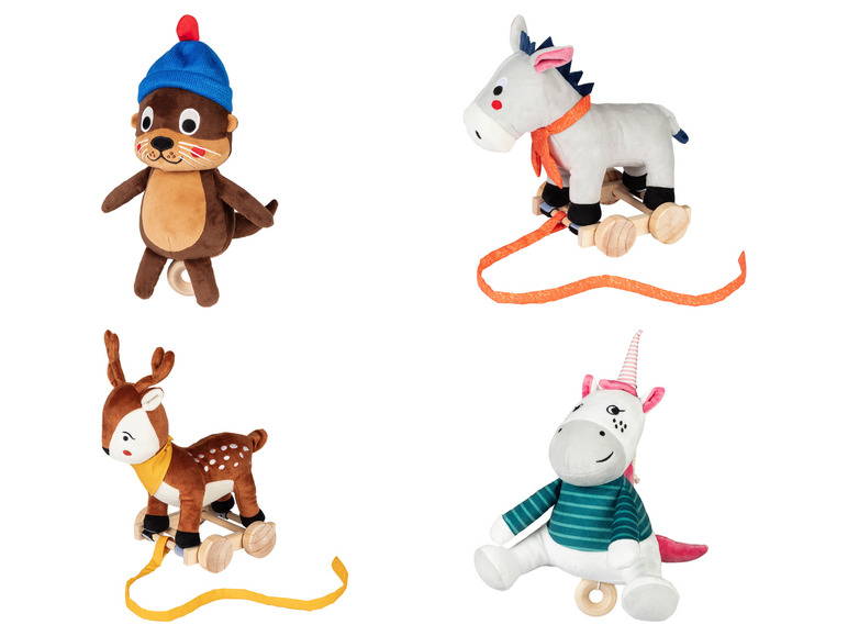 Een ezel, hert, eenhoorn en otter op wieltjes voor kleine kinderen.