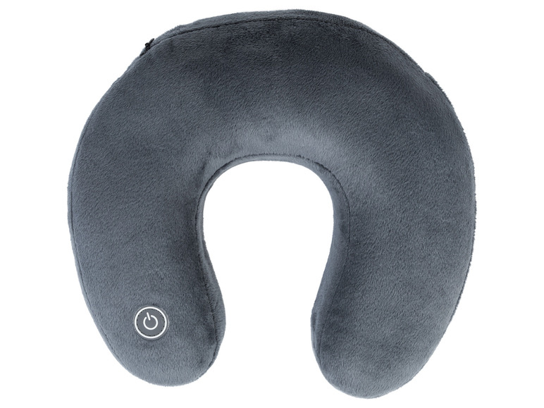 Un oreiller gris en forme de U avec un bouton marche/arrêt.
