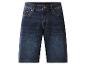 Donkerblauwe denim shorts met oranje stiksels en metalen details.