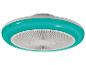 Ronde plafondventilator met geïntegreerd licht, met een teal buitenring en wit rooster.