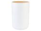 Witte cilindrische container met een licht houten deksel