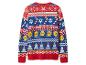 Lidl kersttrui, rood en blauw, met sneeuwvlokken, zuurstokken en kerstboompatronen.