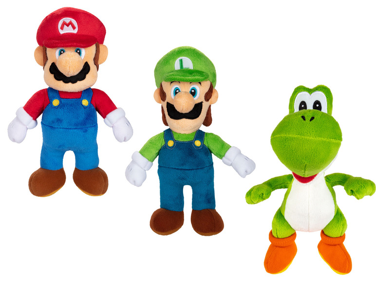 Peluches Mario, Luigi et Yoshi.