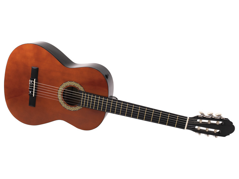 Een akoestische gitaar met een houten klankkast en een zwarte hals.