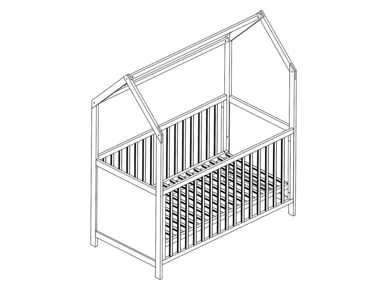 Un lit bébé en bois avec un toit en forme de maison.