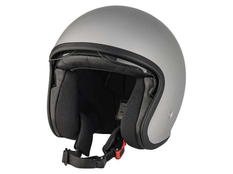 Matgrijze open motorhelm met zwart interieur en kinbandsluiting