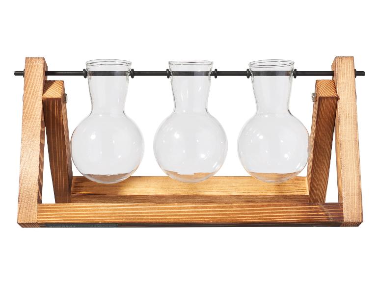 Station de propagation de plantes en bois avec trois vases en verre