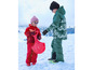 Twee kinderen in winterkleding, een met een rode slee
