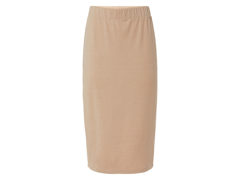 Een beige, midi-rok met een elastische tailleband.