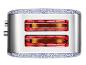 Twee-slots toaster, blauw-wit design, brood wordt geroosterd.