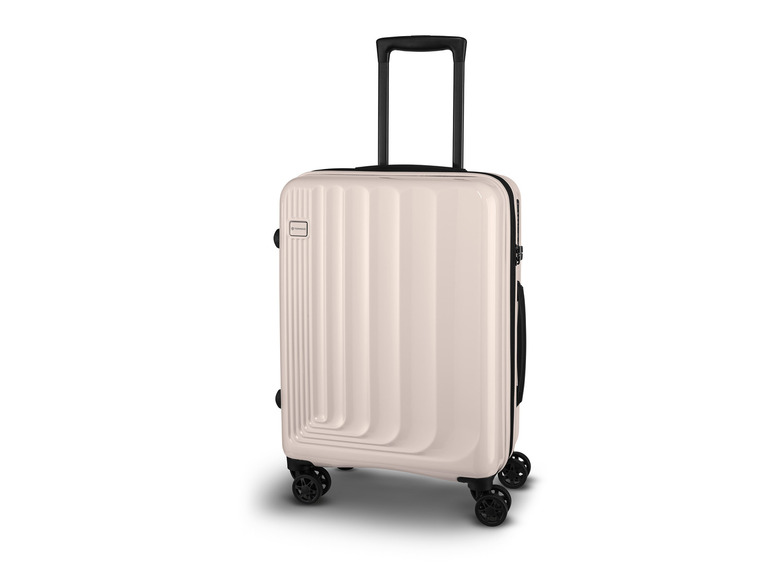 Een beige koffer met wielen van Topmove.