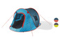 Een blauwe pop-up tent met rode accenten.