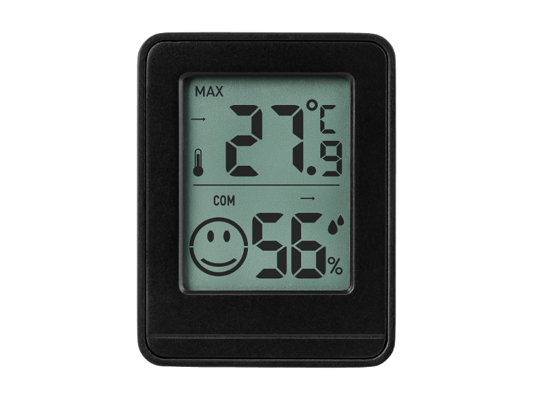 Zwarte digitale thermo-hygrometer met display dat 27.9°C en 56% luchtvochtigheid toont.