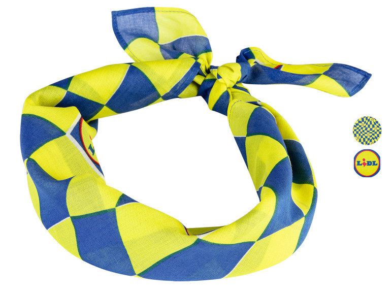 Een gele en blauwe bandana met het Lidl-logo.