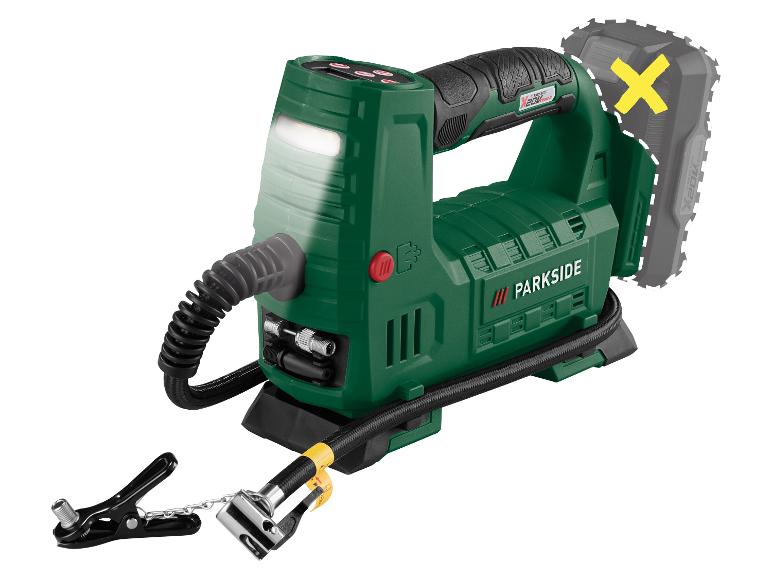 Groene Parkside draadloze luchtcompressor met licht en diverse accessoires.