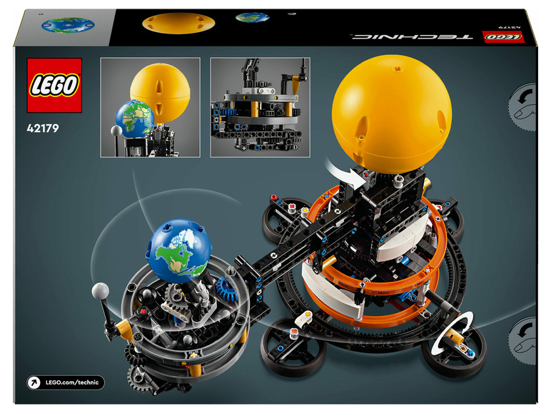 LEGO Technic-model van een werkende planetarium met zon, aarde en maan.