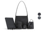 Een set van zwarte tassen, waaronder een schoudertas, een mini-tas en een cosmetica-tas van Jos&amp;amp;Born.