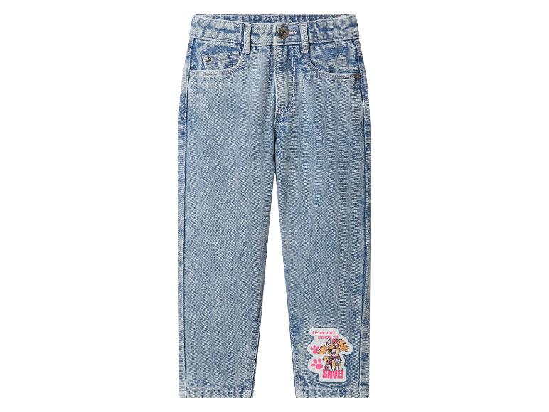 Lichtblauwe meisjesjeans met een puppy-patch en de tekst 'WE'VE GOT DINOS TO SAVE!'.