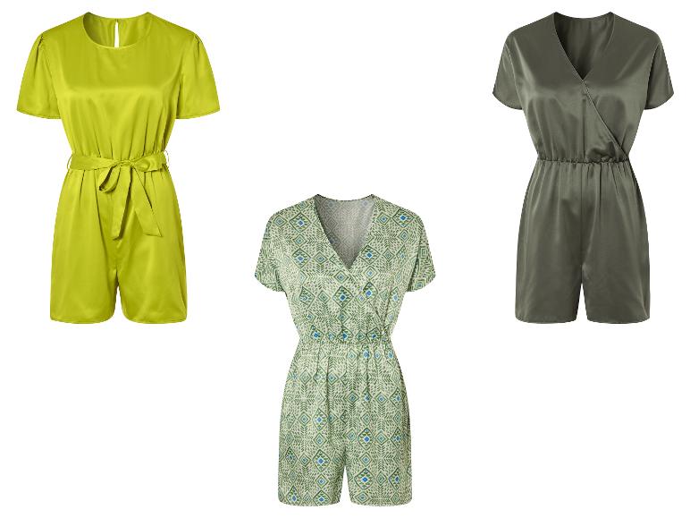 Combinaisons courtes : vert lime uni, vert olive uni et imprimé géométrique vert.