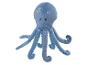 Peluche de pieuvre bleue avec un visage souriant et des taches blanches.