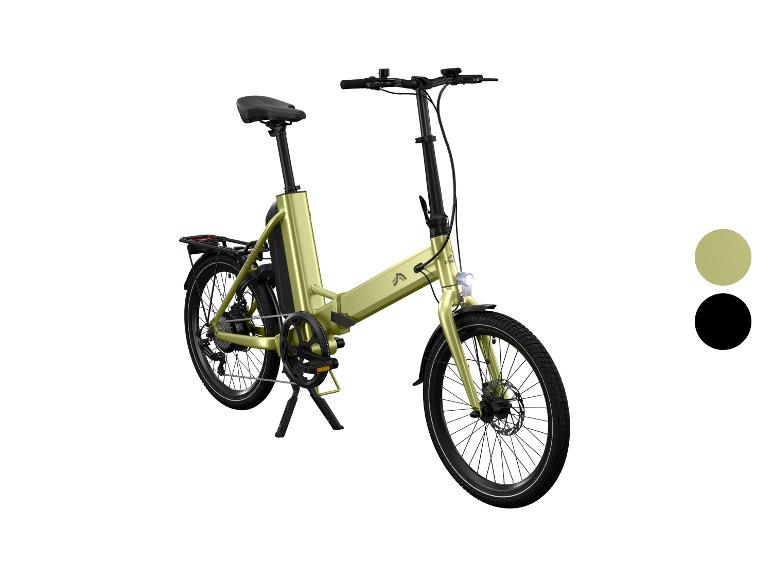 Olijfgroene opvouwbare elektrische fiets met zwarte accenten.