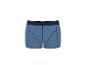 Blauwe boxershort met donkere stiksels en elastische tailleband.
