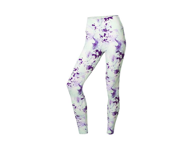 Dameslegging met abstract paars en lichtgroen patroon.
