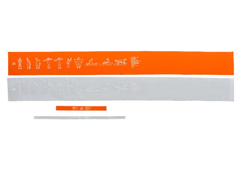 Bandes d'exercice orange et grises avec illustrations d'exercices et informations sur le produit.