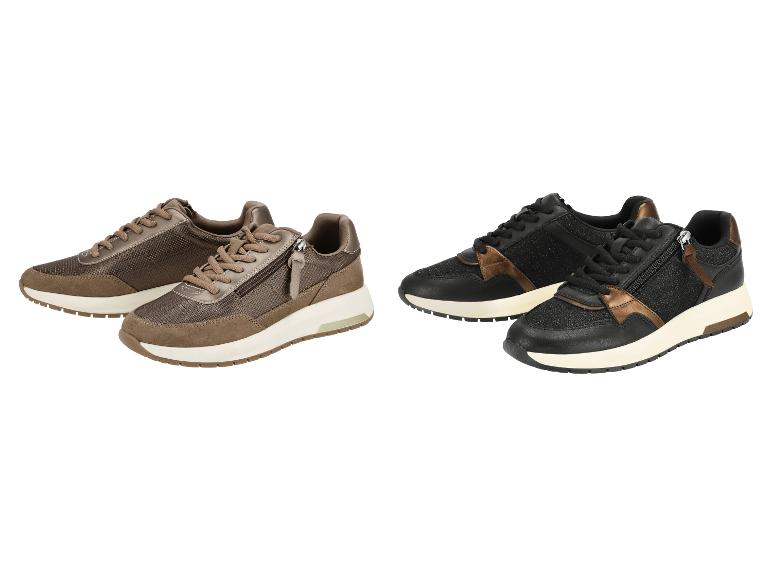 Twee paar damessneakers: één bruin, één zwart, beide met zijritsen.
